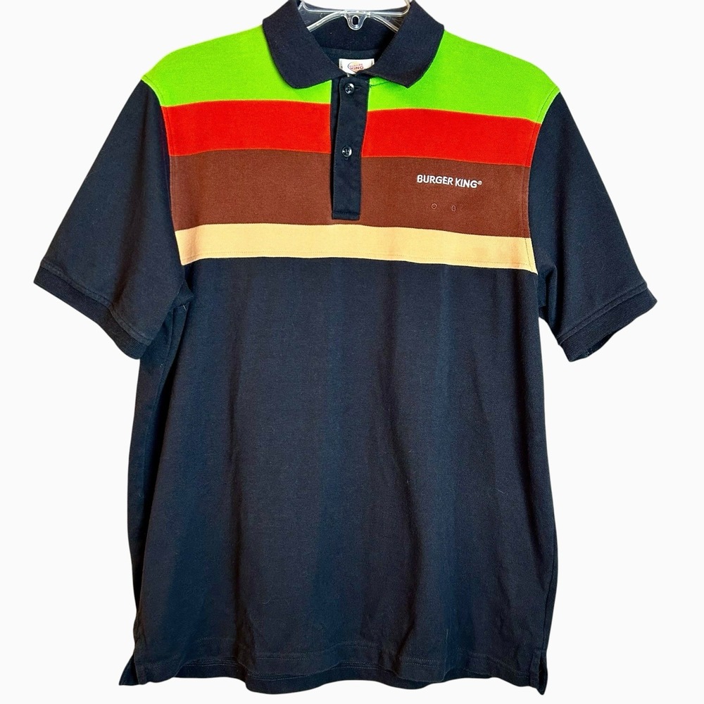 VTG 80s Burger King Men Employee Work Uniform Polo Shirt Black Stripe- Size M